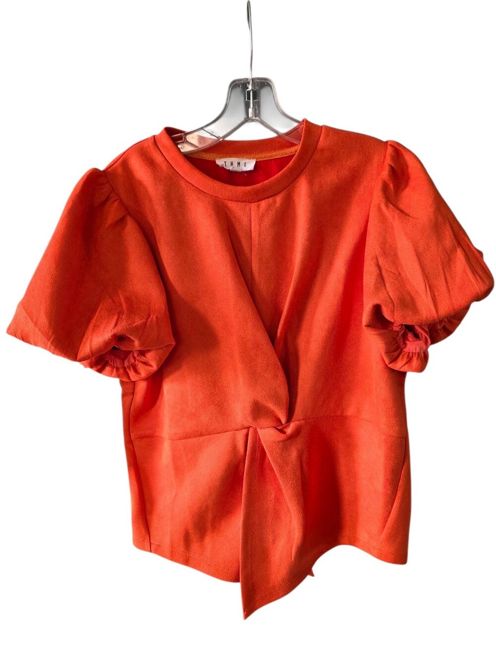 THML Orange Suede Like Top With Front Twist Detail and Puff Sleeves Size Large